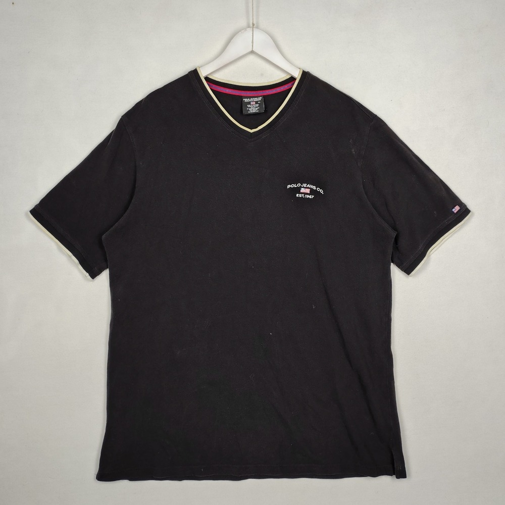 Polo Jeans Co Ralph Lauren Mens XL Black V-Neck T-Shirt Embroidered Logo Cotton